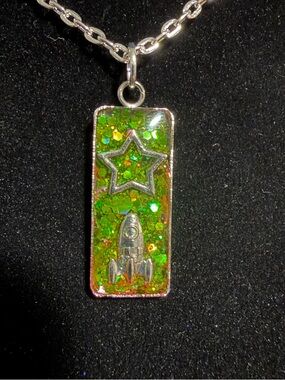Green Glitter Rocket & Star Rectangle Pendant Necklace